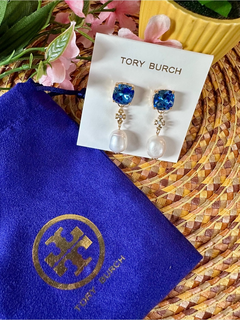 Tory Burch Gold, Blue & White Crystal Pearl Drop Earrings - Picture 4 of 5